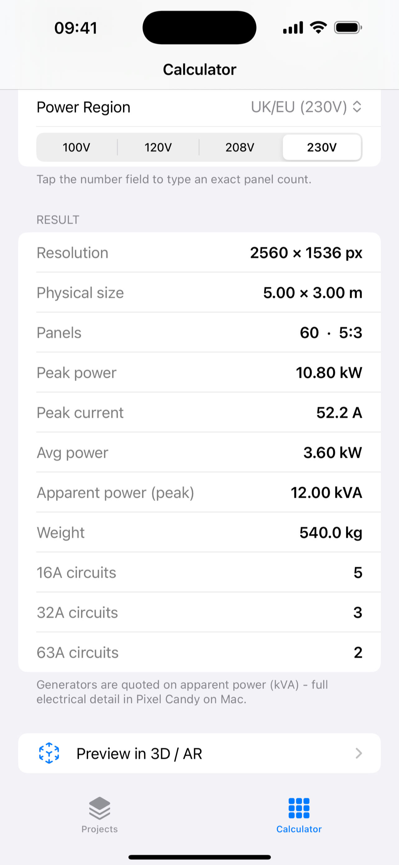 Pixel Candy Mobile results screen on iPhone, listing resolution, power, weight and circuits