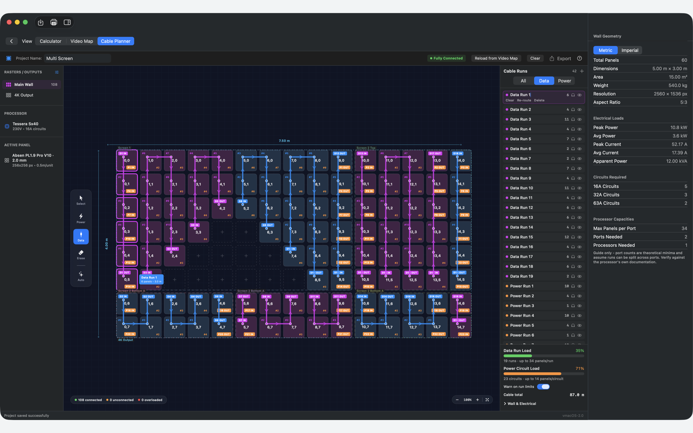 Cable Planner showing data and power runs across the wall with live per-port load