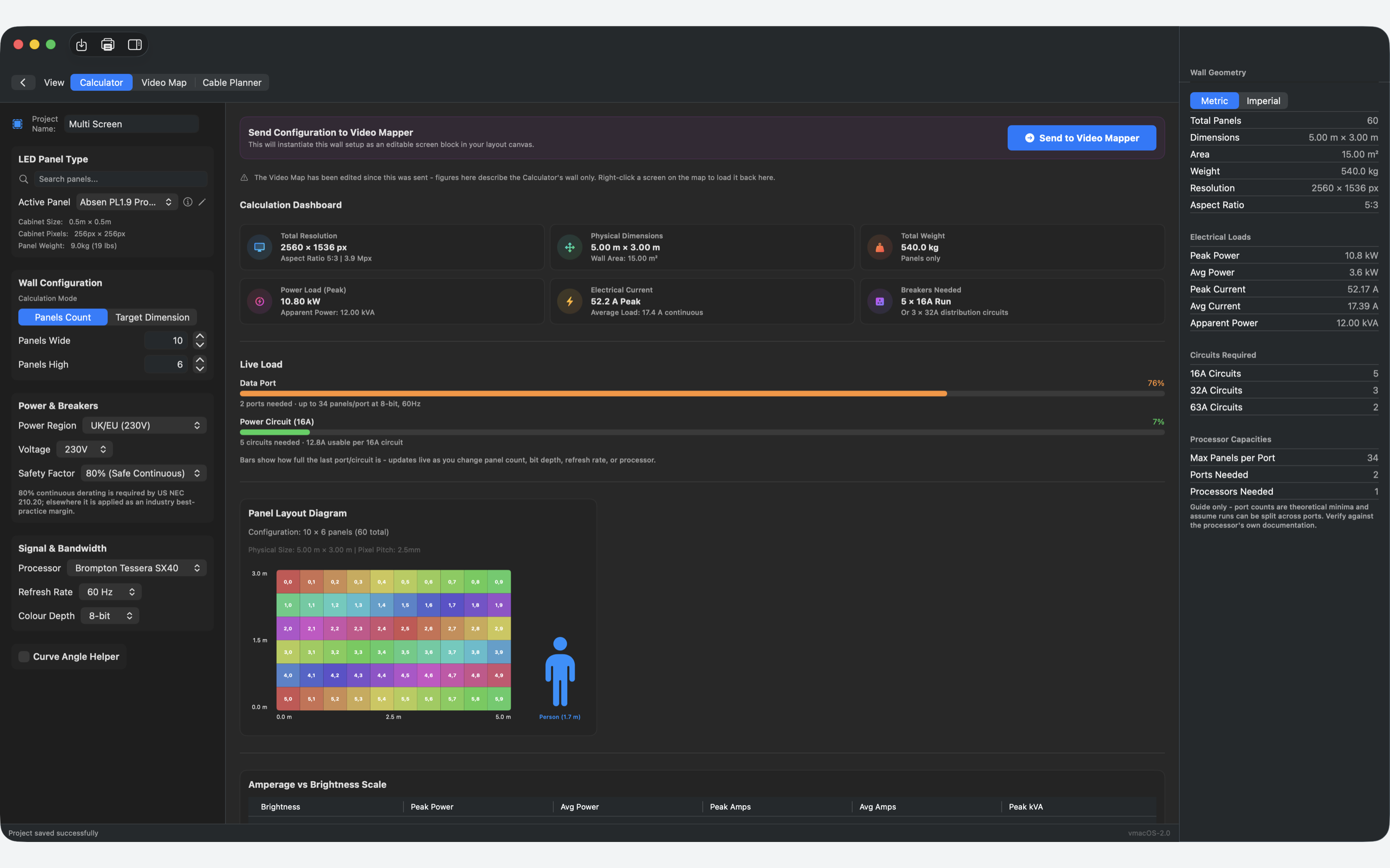 The Pixel Candy Calculator on macOS, showing resolution, weight, power and circuit figures for a ten by six panel wall