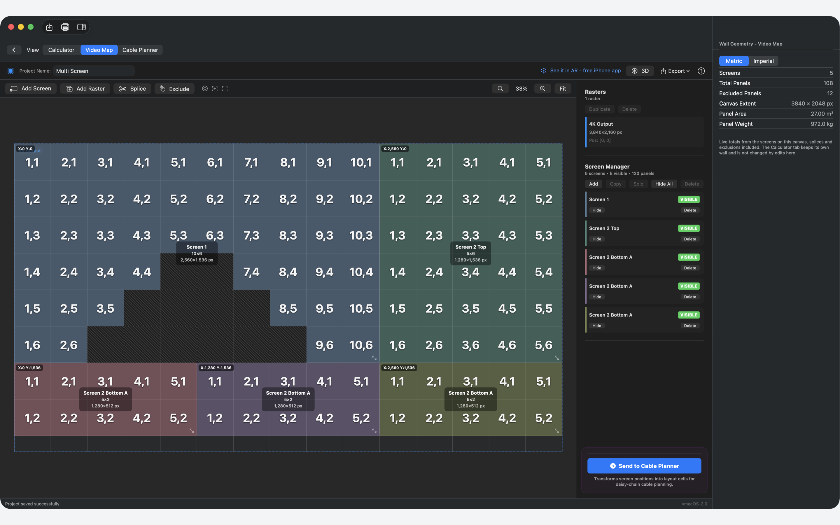 Video Mapper canvas with five screens laid out across a 4K raster